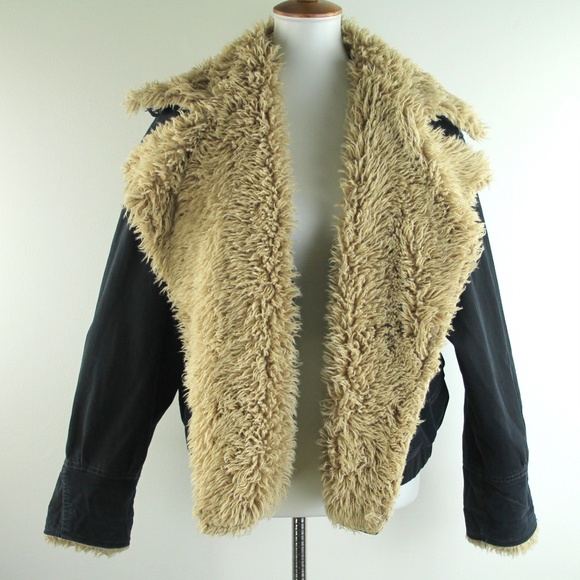 Free People Owen Black Sherpa Trim Asymmetrical Snap Front Bomber Jacket S - Picture 2 of 10